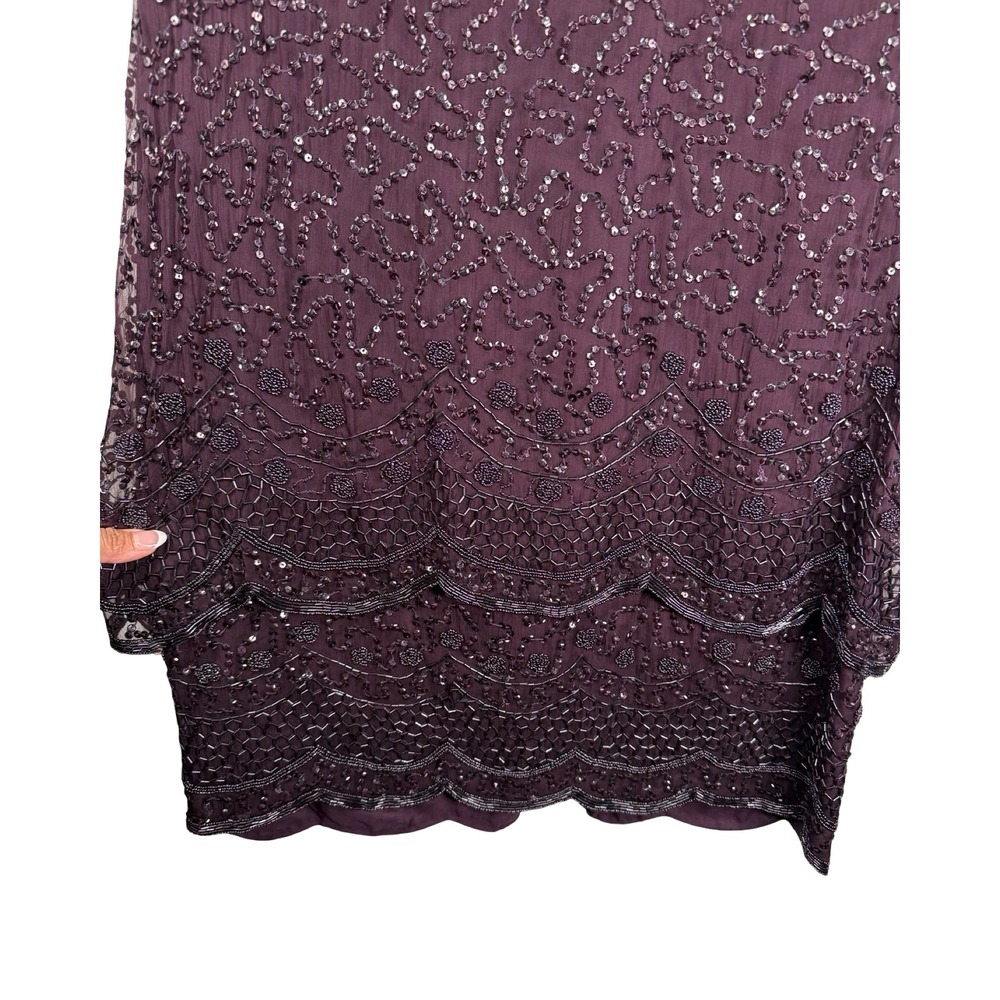 Brilliante by J.A. Beaded Silk Dress Plum Scalloped Hem Size L Vintage Style - Picture 5 of 10
